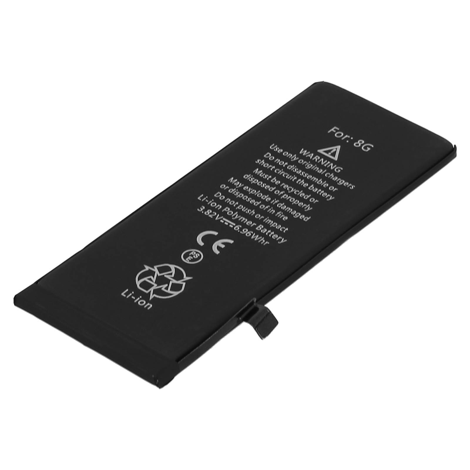 Batteria nera 8G con testo di avviso e logo Li-ion.