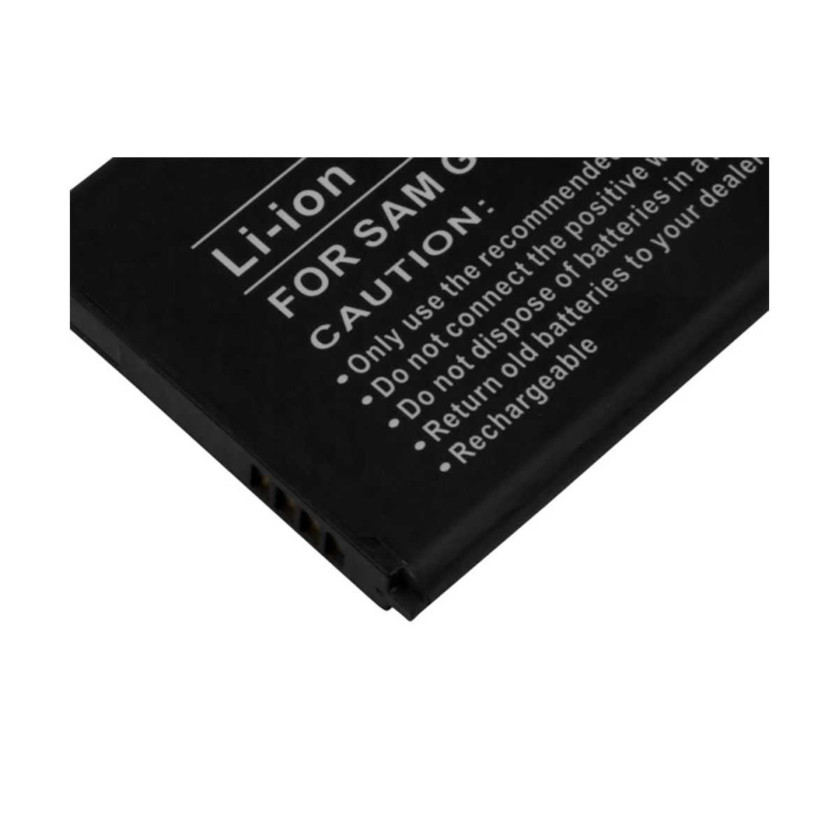 Batteria nera con testo Li-ion e avvertenze.