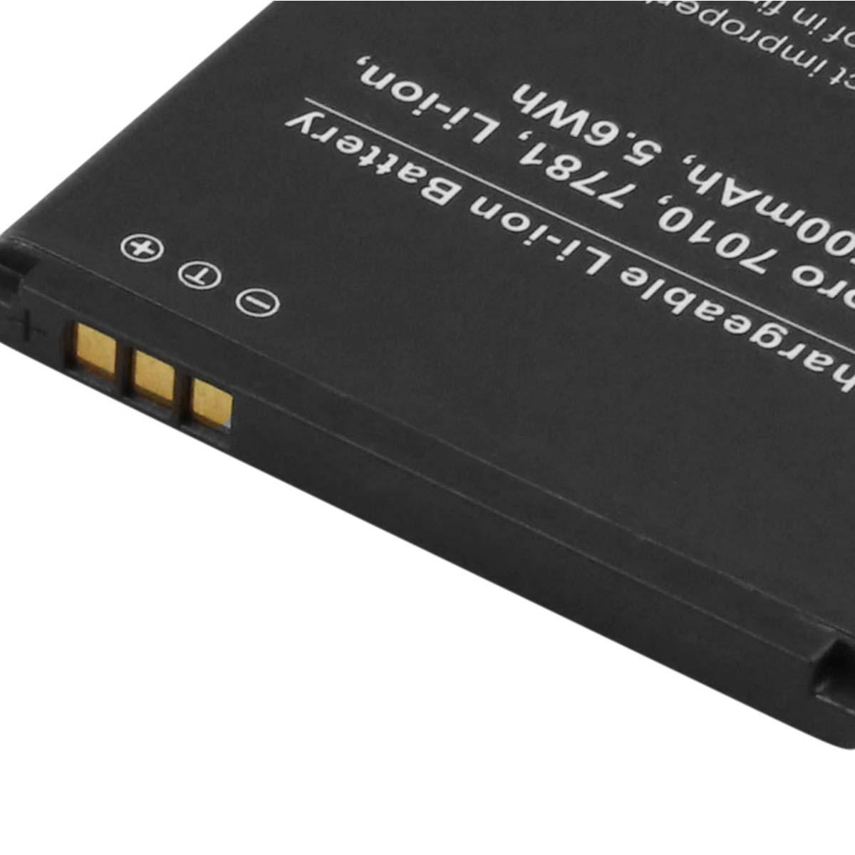 Batteria Li-ion nera con contatti di ricarica e testo.