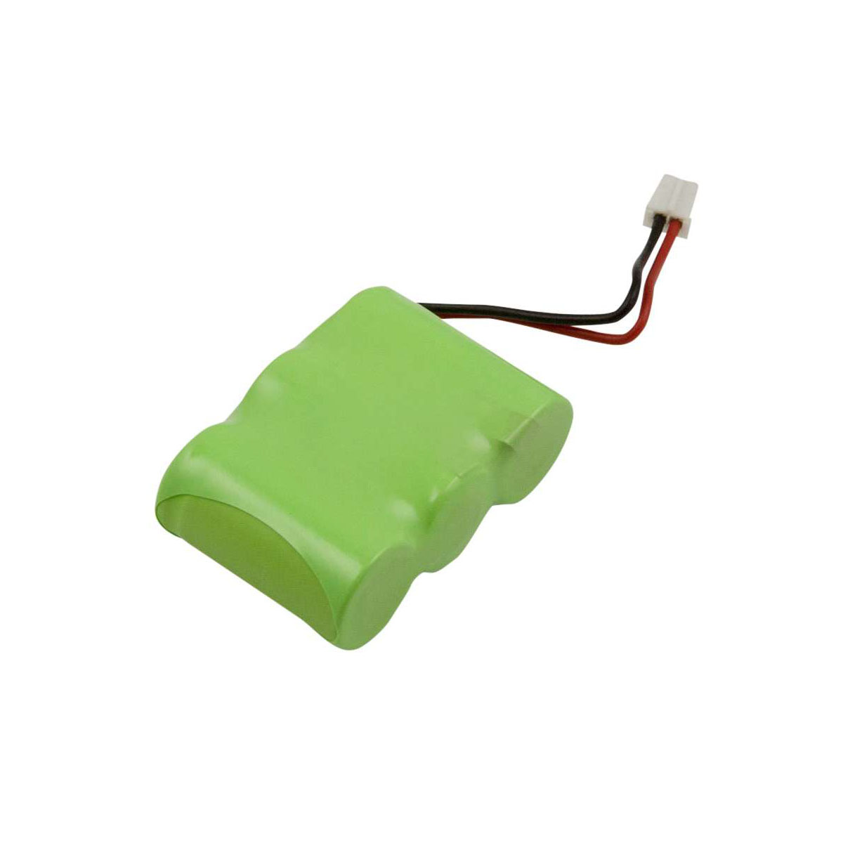 Grüner Akku mit zwei Kabeln, rot und schwarz, und einem weißen Stecker.