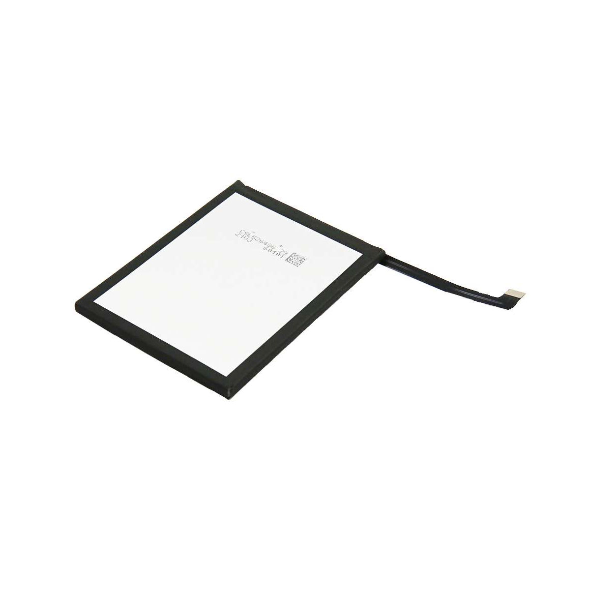 Una batteria rettangolare nera agli ioni di litio con un sottile cavo nero.