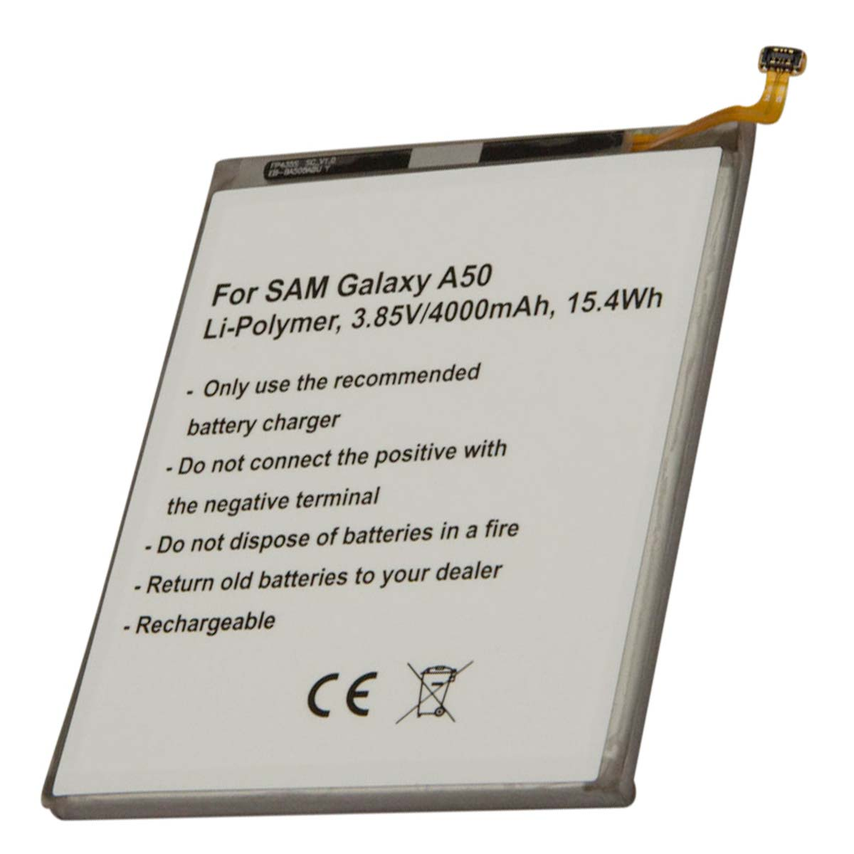 Batteria per Samsung Galaxy A50, Li-Polymer, 3.85V/4000mAh, con cavo e marchio CE.