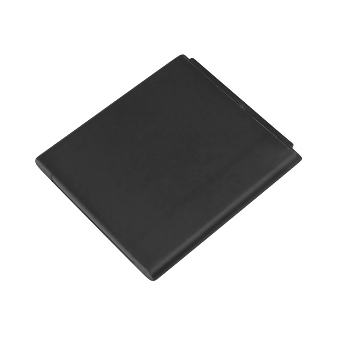 Un oggetto rettangolare nero, leggermente inclinato su sfondo bianco.