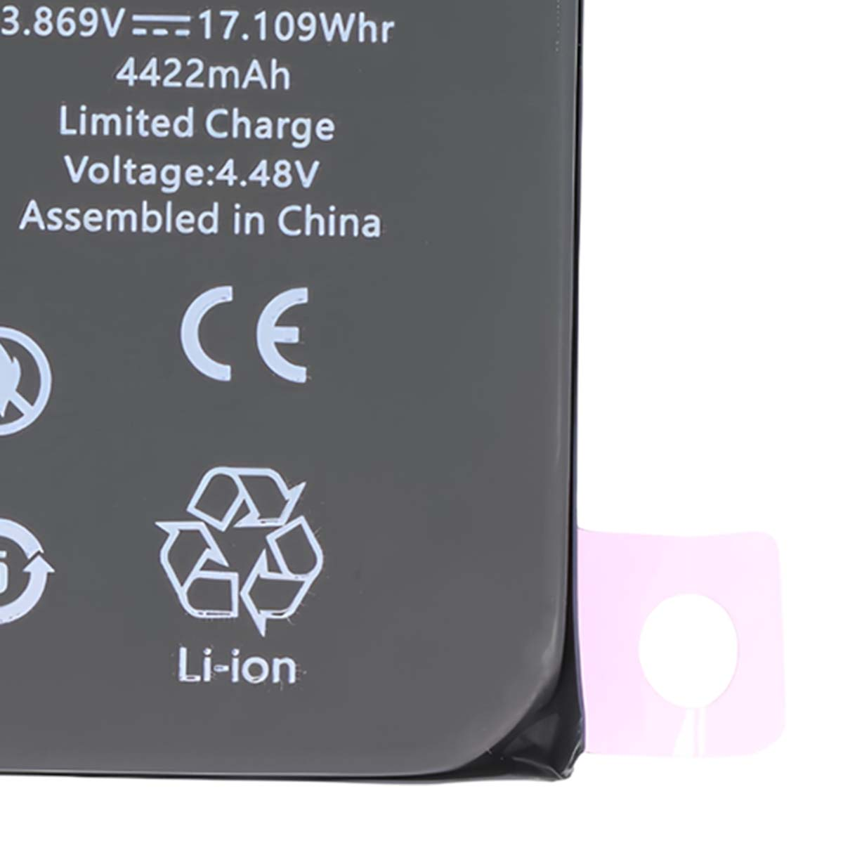 Batería con marca CE, símbolo de reciclaje y texto Li-ion.