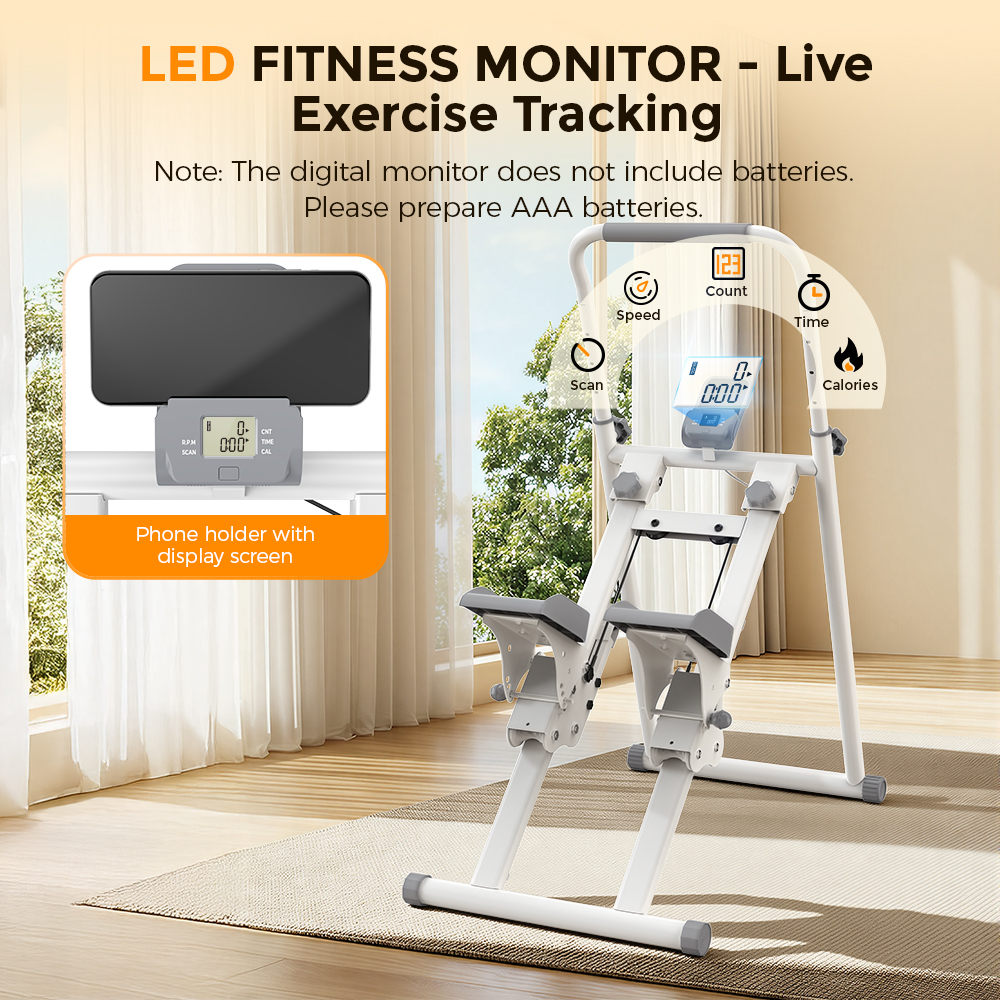 Biała maszyna do ćwiczeń domowych z cyfrowym monitorem pokazującym prędkość, liczbę, czas i kalorie.
