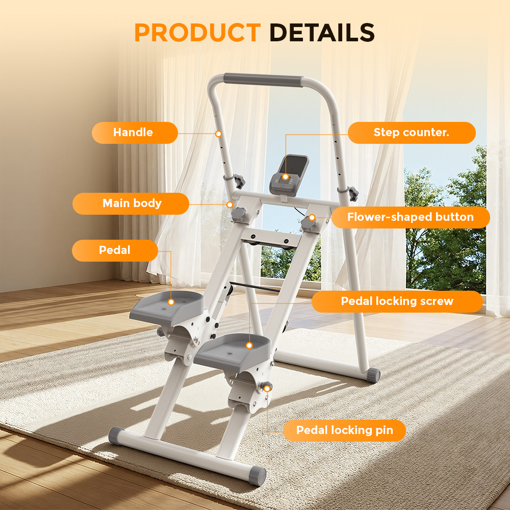 Maszyna stepper z uchwytem, korpusem głównym, pedałami i licznikiem kroków.