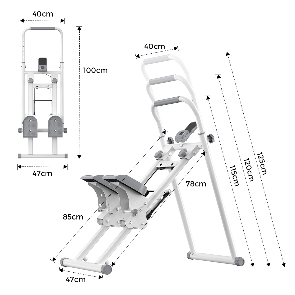 Biały sprzęt do ćwiczeń z pomiarami. Widok z przodu po lewej, widok z boku po prawej.