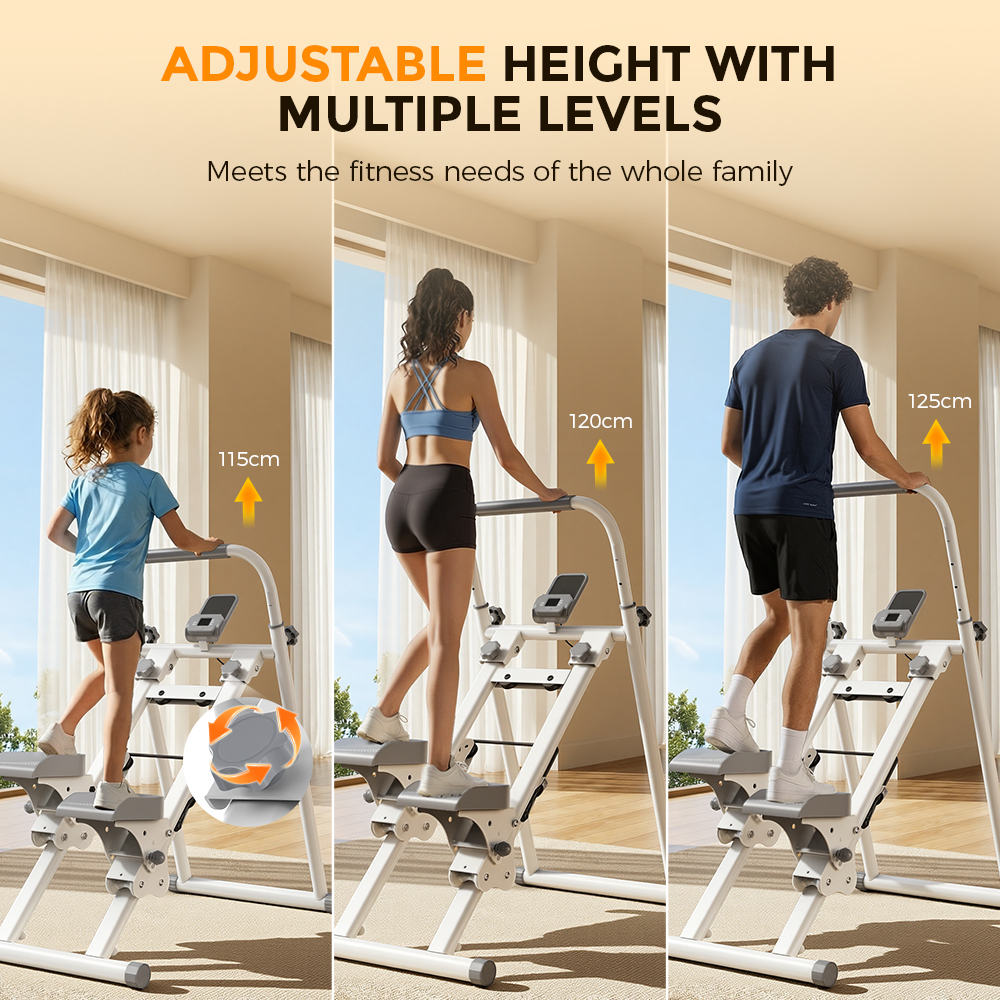 Trzy osoby ćwiczą na stepperze z regulacją wysokości: dziecko (115cm), kobieta (120cm), mężczyzna (125cm).