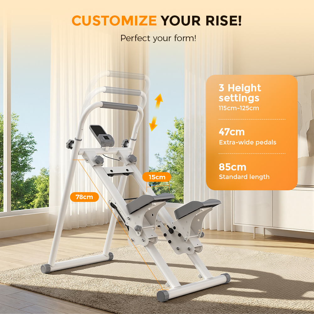 Biały stepper z cyfrowym wyświetlaczem i pomarańczowymi wymiarami na dywanie.