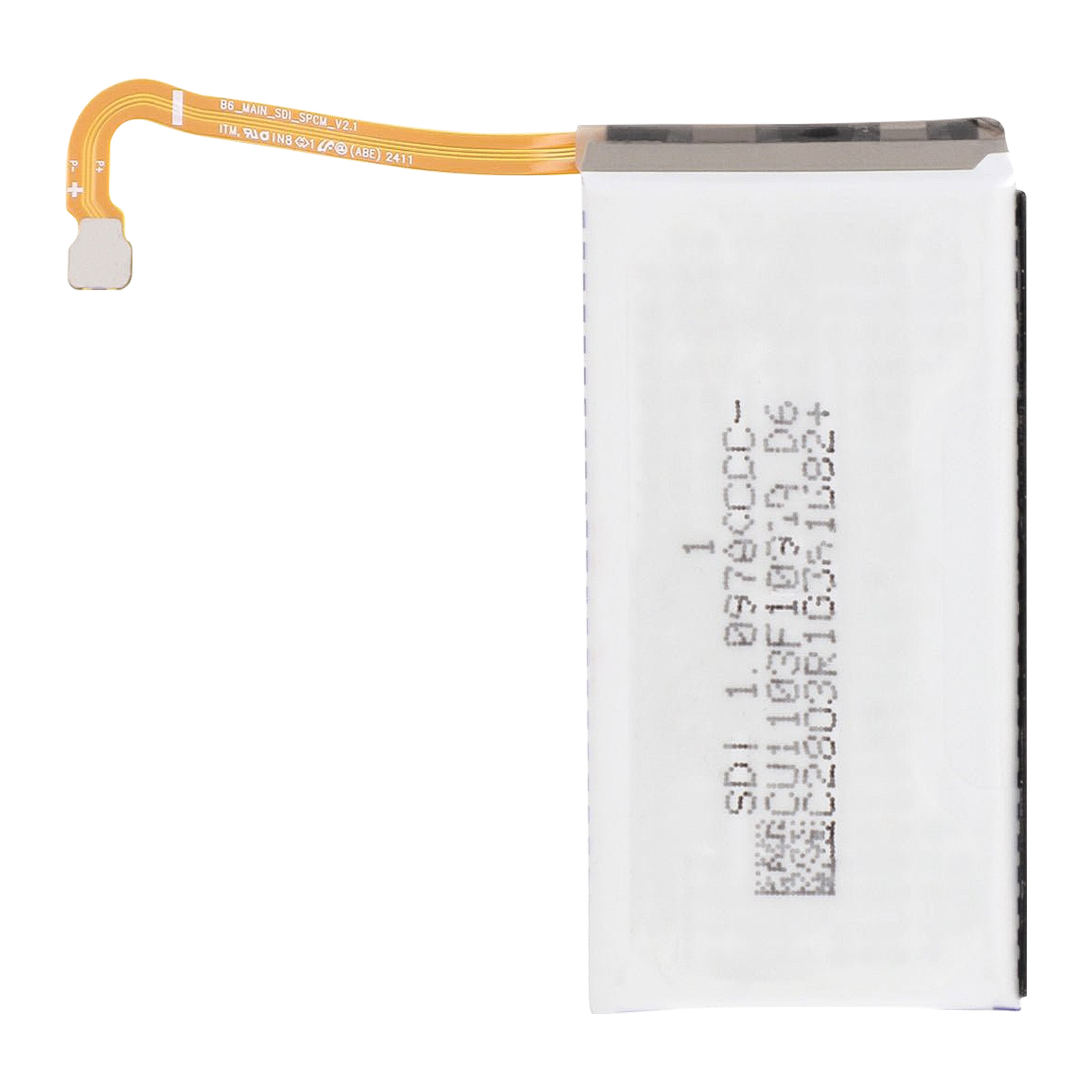 Una batería blanca con un cable flexible naranja y conector negro.