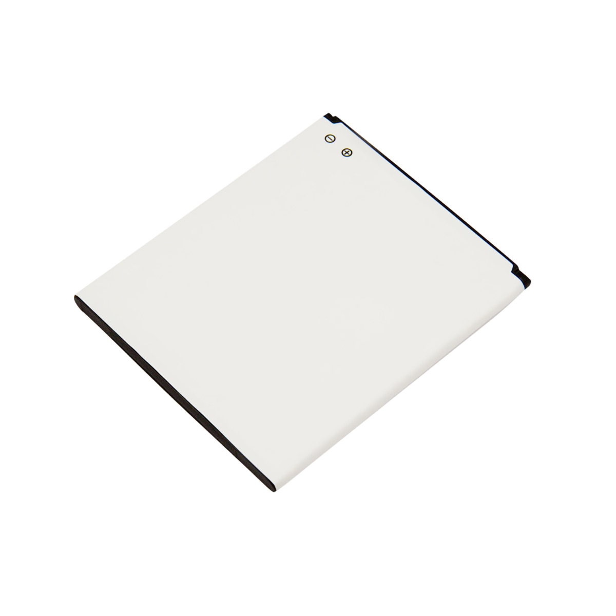 Batería rectangular blanca con bordes negros y dos símbolos pequeños.