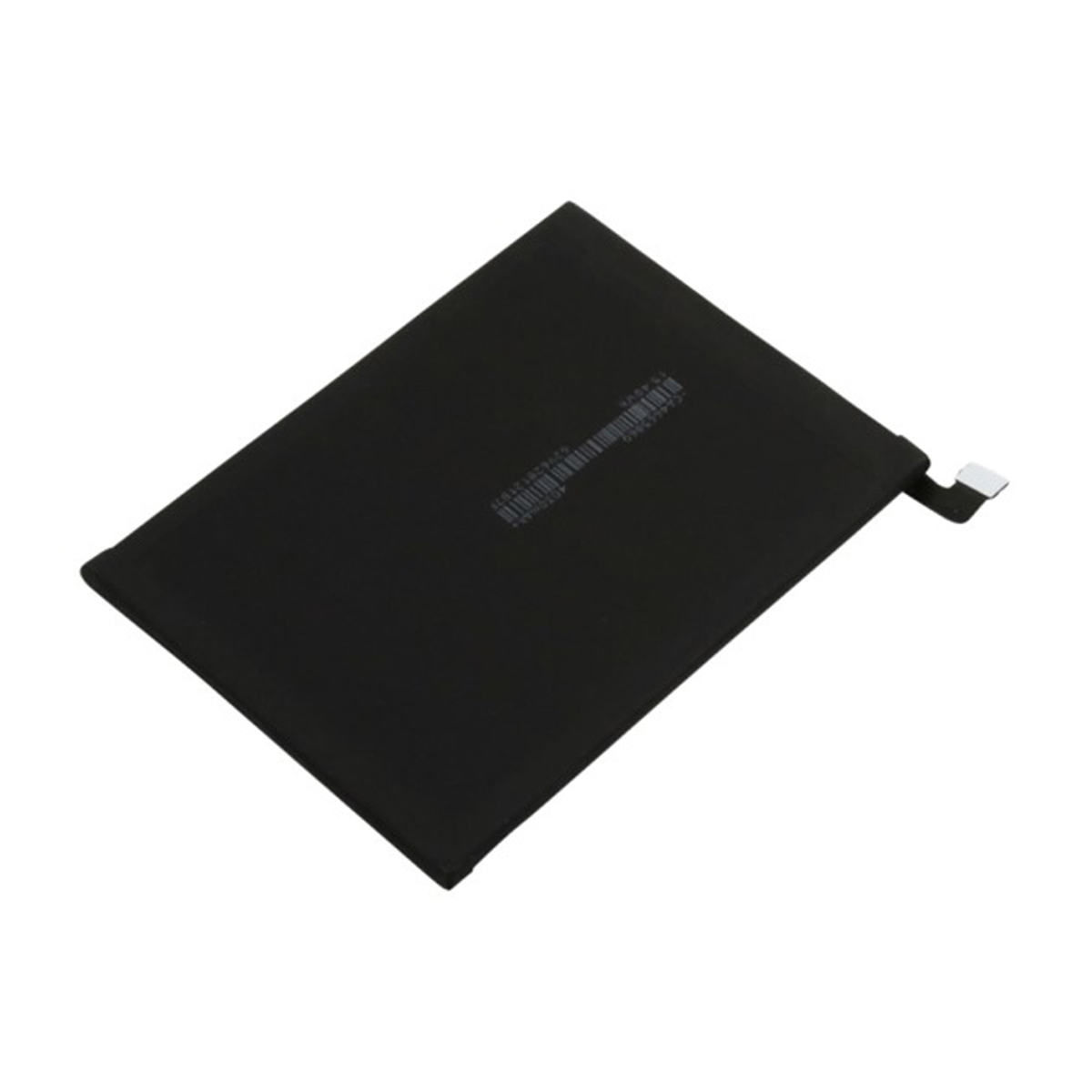Batteria nera con cavo e stampa su sfondo bianco.
