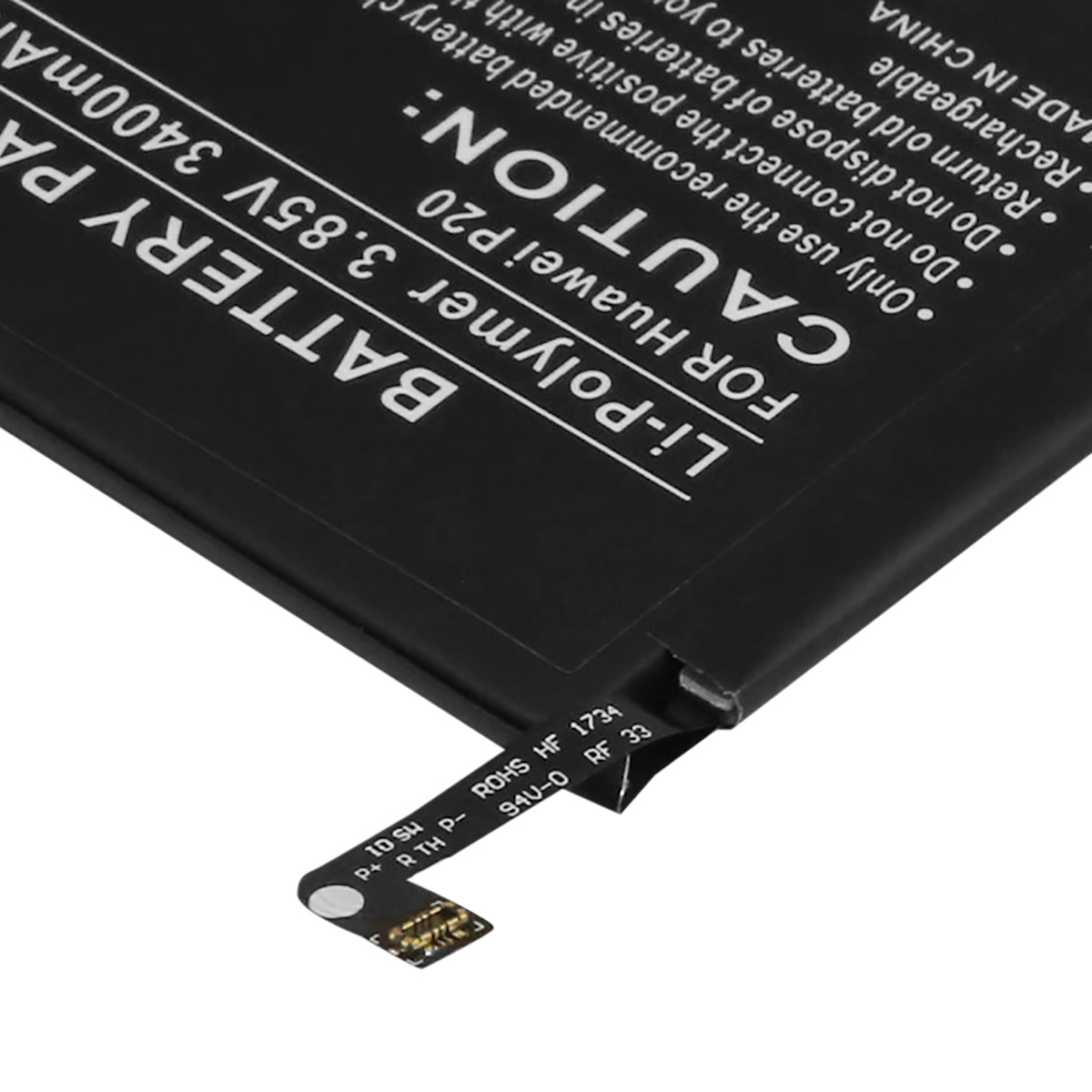Schwarzer Huawei P20 Li-Polymer-Akku, 3,85V 3400mA. Enthält Warnhinweise.
