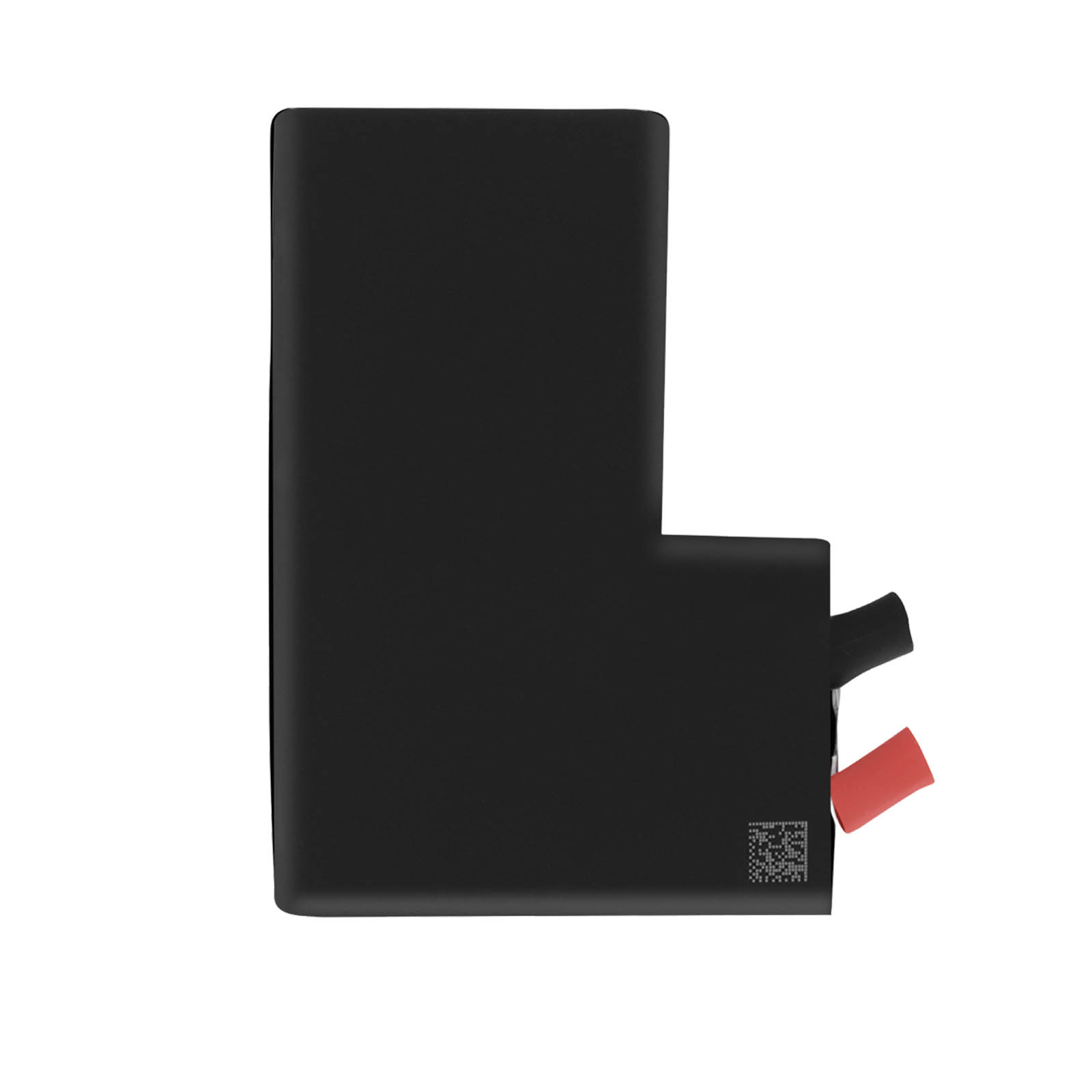 Batteria nera con cavi rosso e nero, su sfondo bianco.