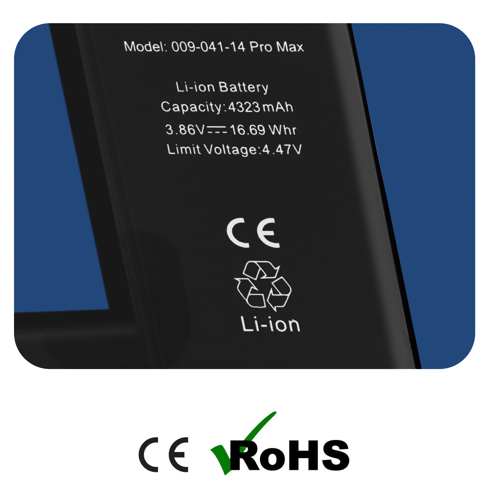 Batteria nera con modello, capacità, voltaggio e certificazioni CE/RoHS.
