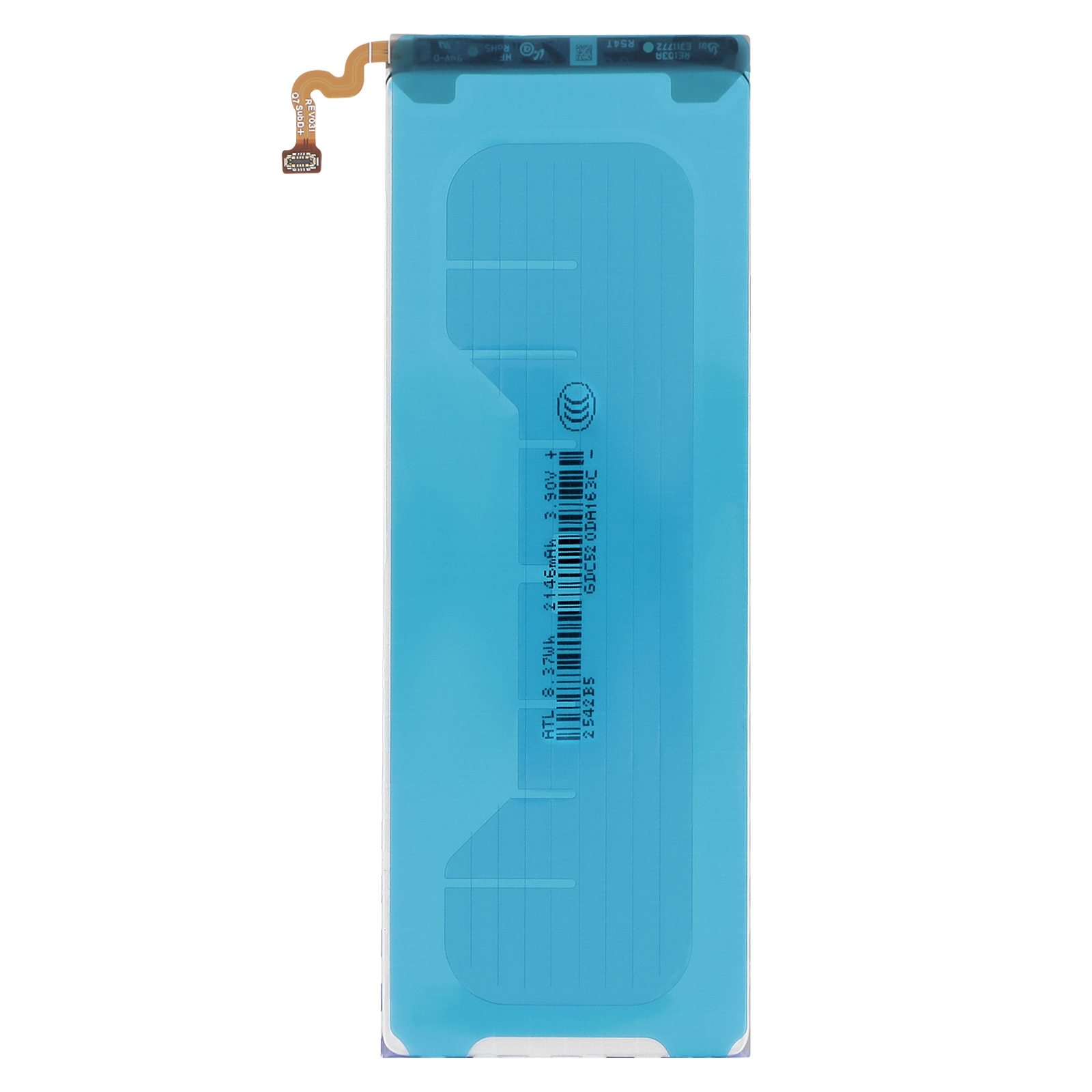 Batteria blu con cavo flessibile e specifiche.