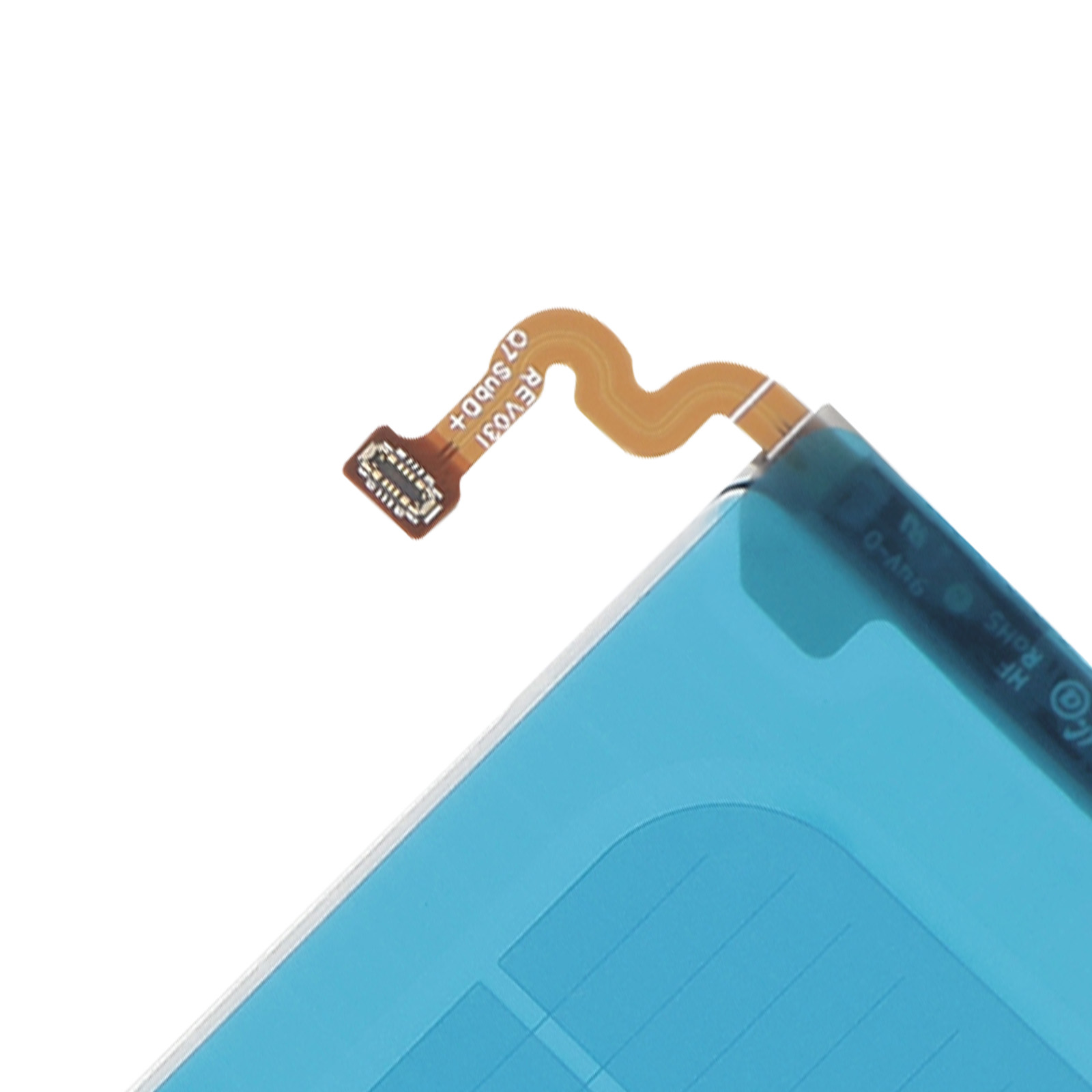 Un connettore flessibile a nastro marrone con testo su una superficie blu.