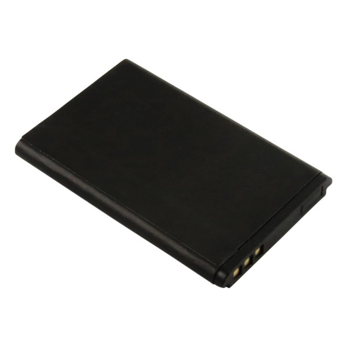 Una batteria rettangolare nera con contatti dorati sul lato destro.
