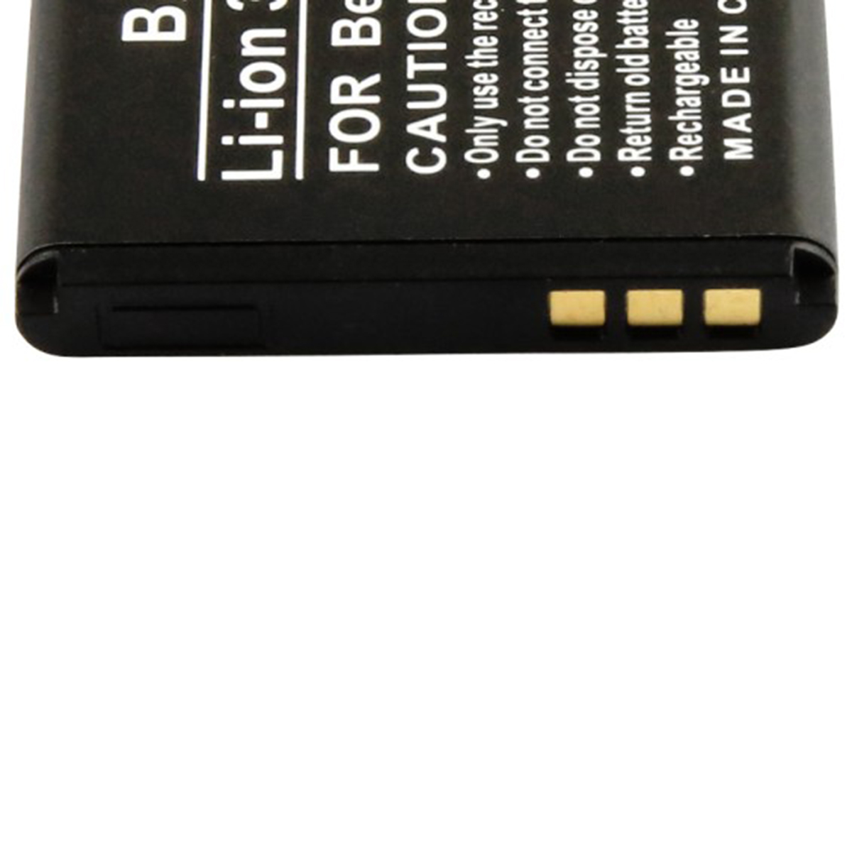 Batteria nera con testo bianco: Li-ion, Attenzione, Made in China.