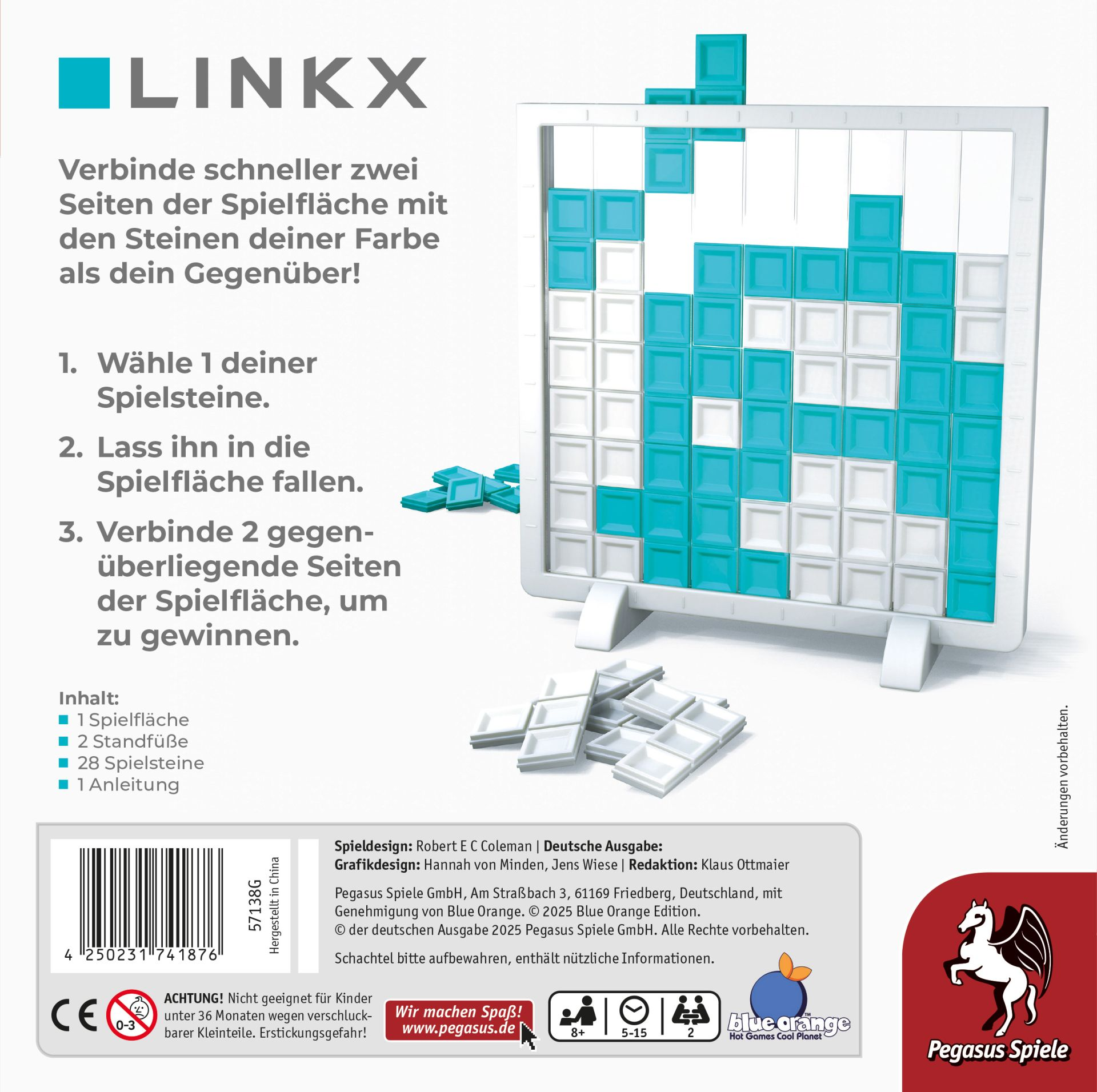 Spielbrett mit blauen und weißen Steinen, Spielregeln und Produktinformationen.