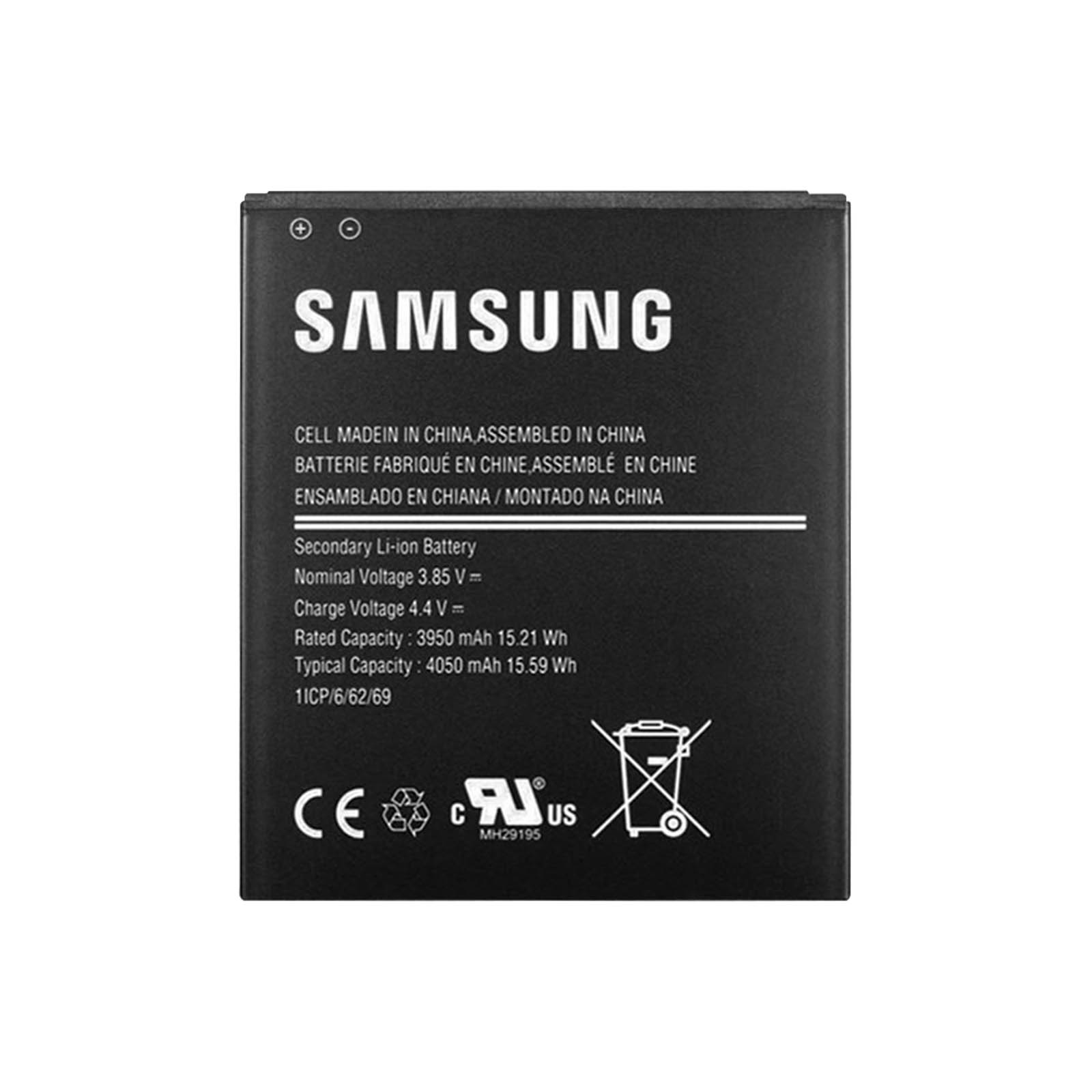 Batteria Samsung nera con specifiche e simboli di riciclo.