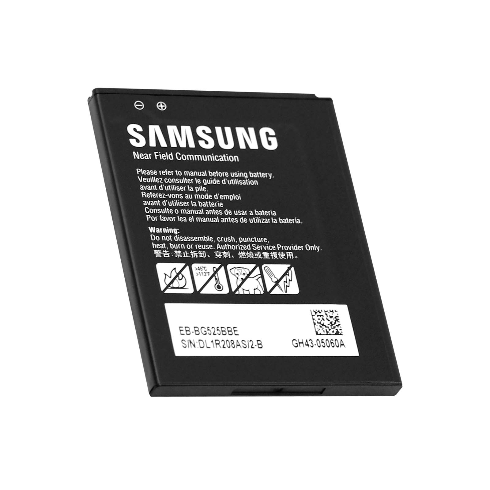 Batteria Samsung nera con simboli di avvertenza e numero modello EB-BG525BBE.