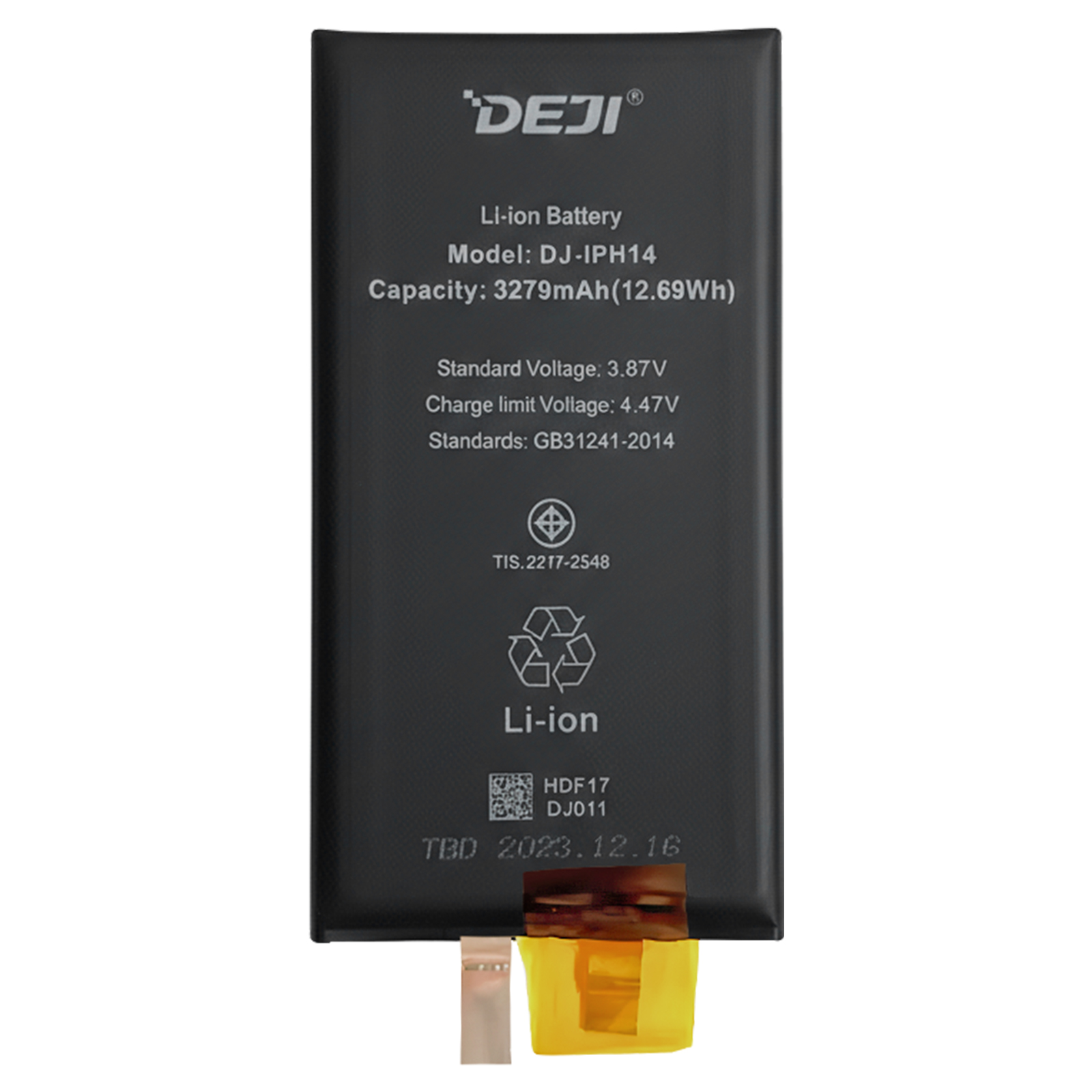 Batteria Li-ion nera per iPhone 14, con dettagli di modello e capacità.