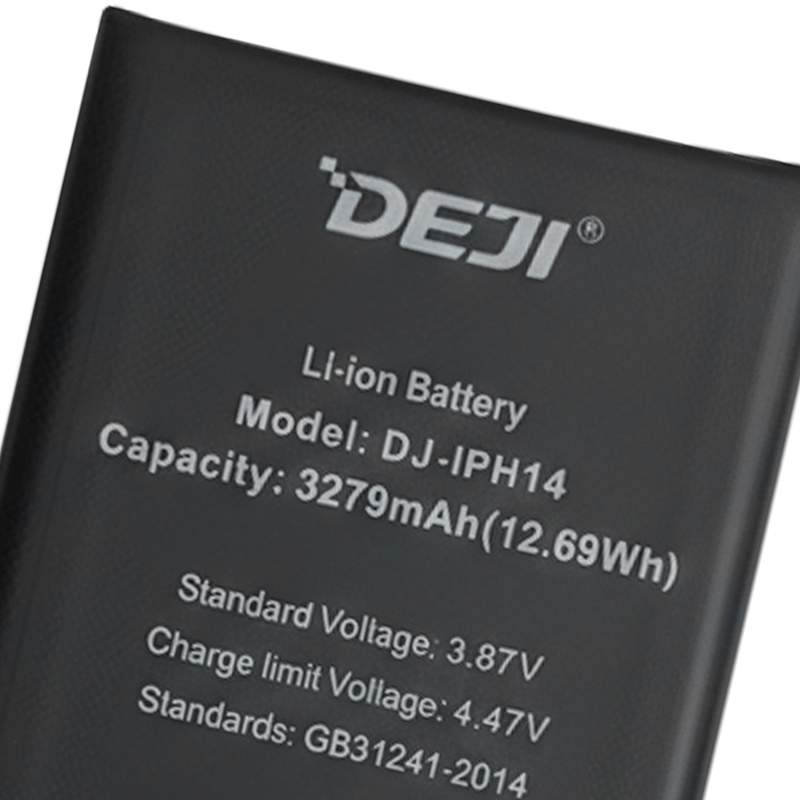 Batteria nera DEJI Li-ion, modello DJ-IPH14, capacità 3279mAh.