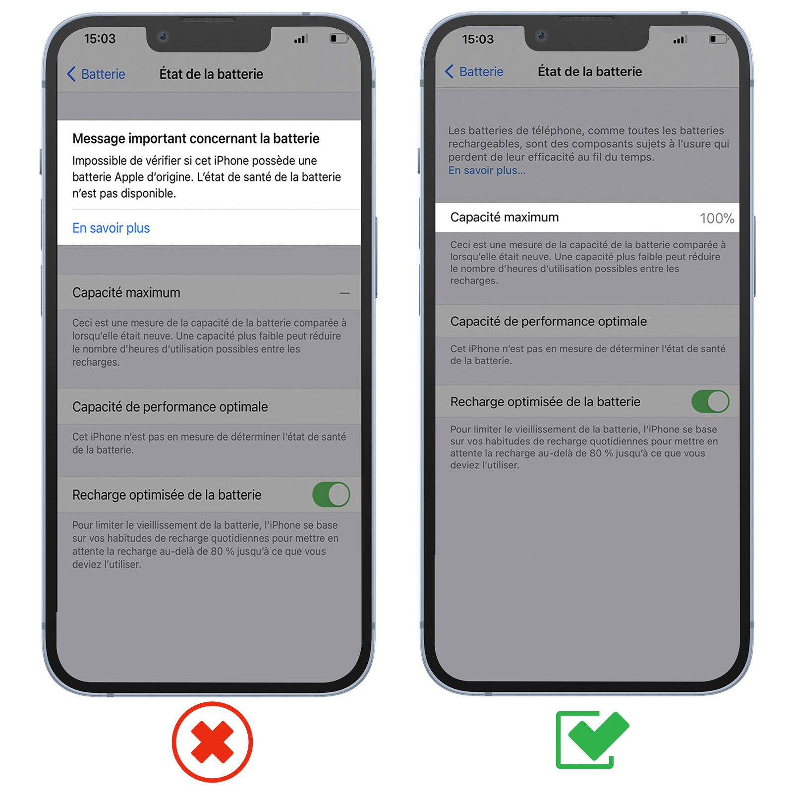 Due iPhone mostrano lo stato della batteria. Uno ha un messaggio sulla batteria.