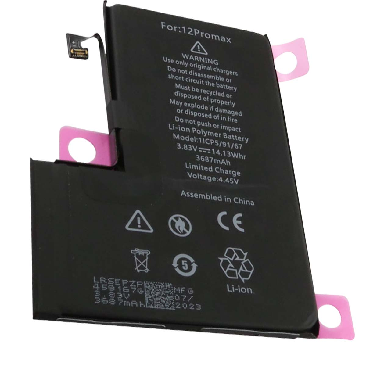 Batteria nera Li-ion per 12 Promax con avvertenze e specifiche.
