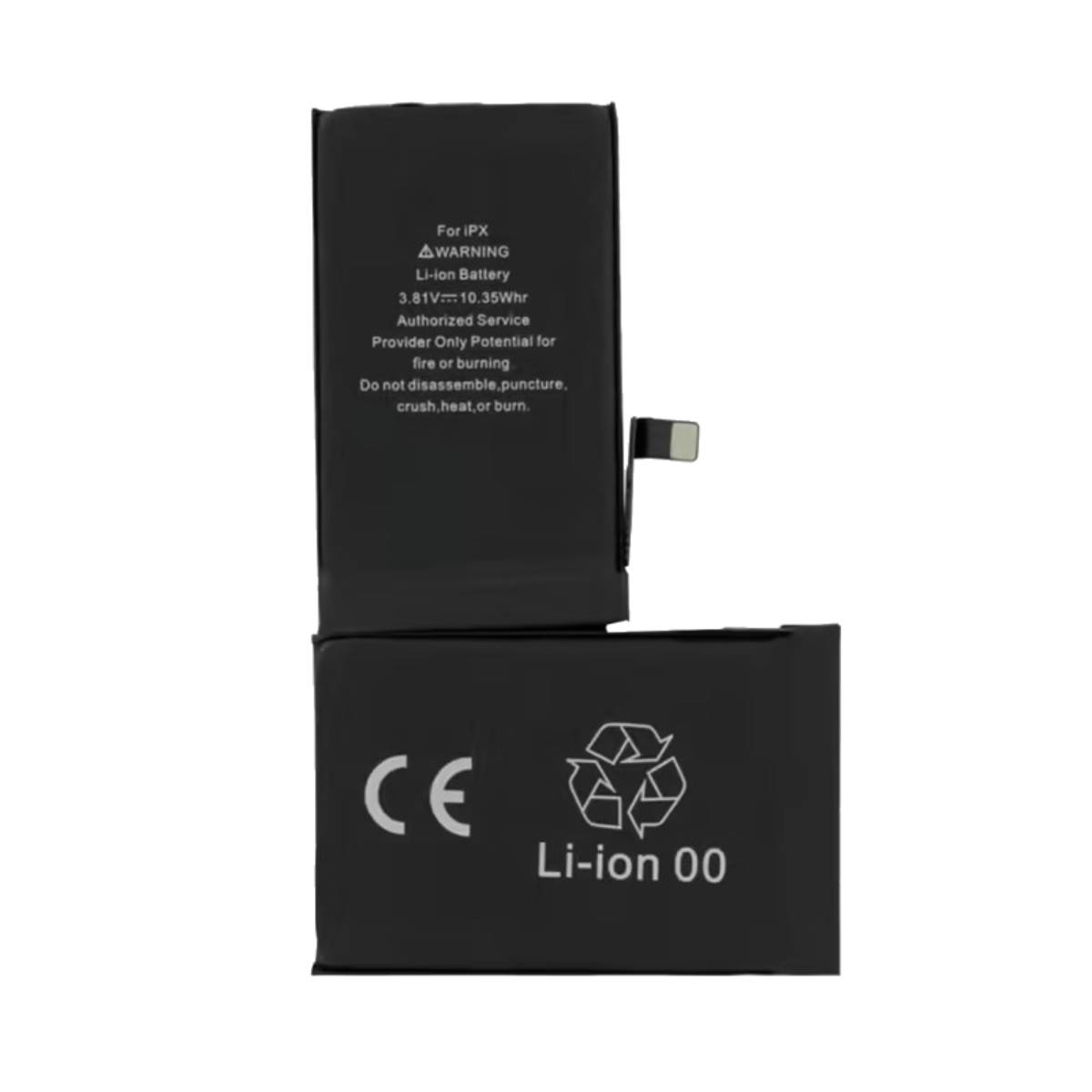 Due batterie nere per iPhone con testo di avvertenza e marchio CE.