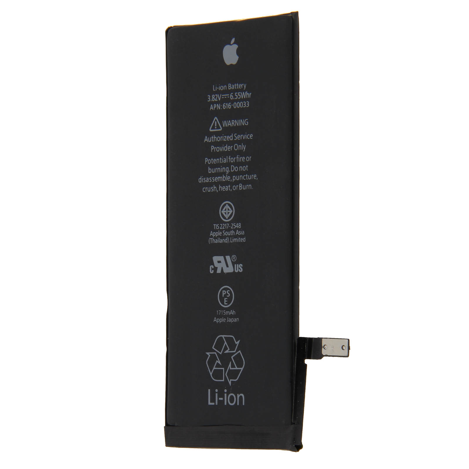 Batteria nera Li-ion con logo Apple, avvertenze e dettagli tecnici.