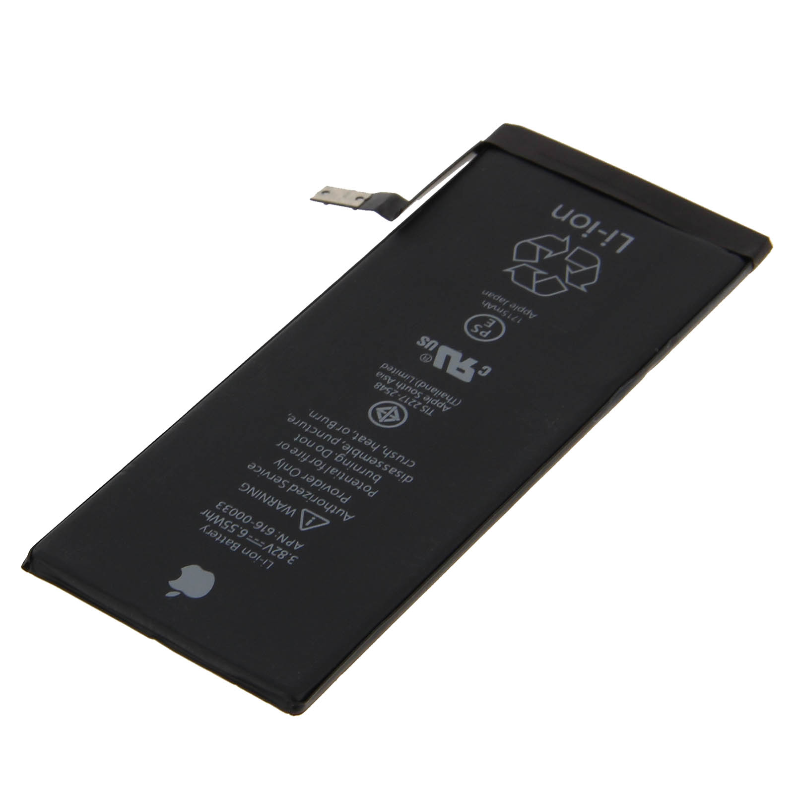 Batteria nera agli ioni di litio con simboli di avvertenza e testo.