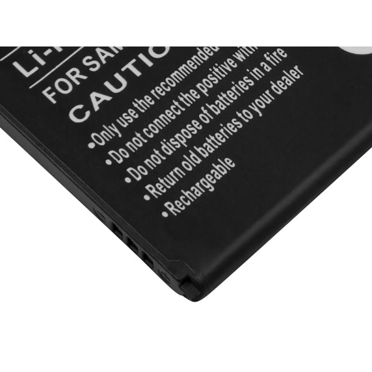 Batteria nera con testo bianco di avvertenza: Usare solo raccomandato, non collegare il positivo, non smaltire nel fuoco.
