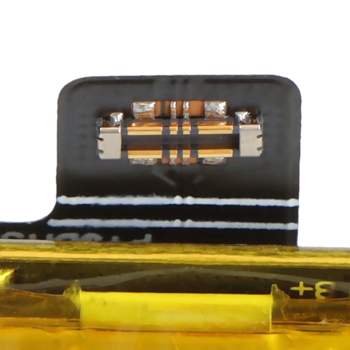 Primo piano di un cavo flessibile nero con contatti dorati e linee bianche.