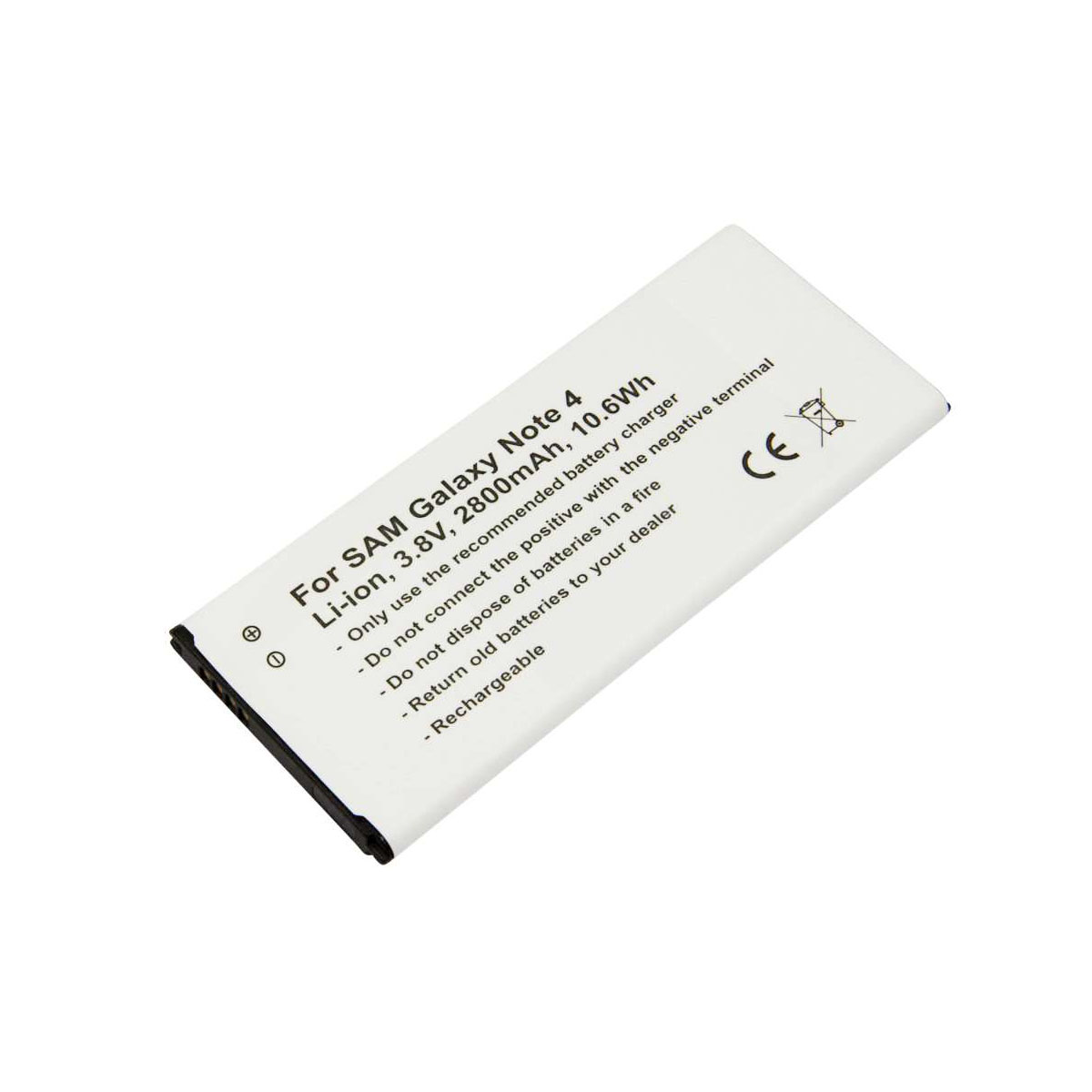 Batteria Samsung Galaxy Note 4: Li-ion, 3,8V, 2800mAh, 10,6Wh. Marchio CE.