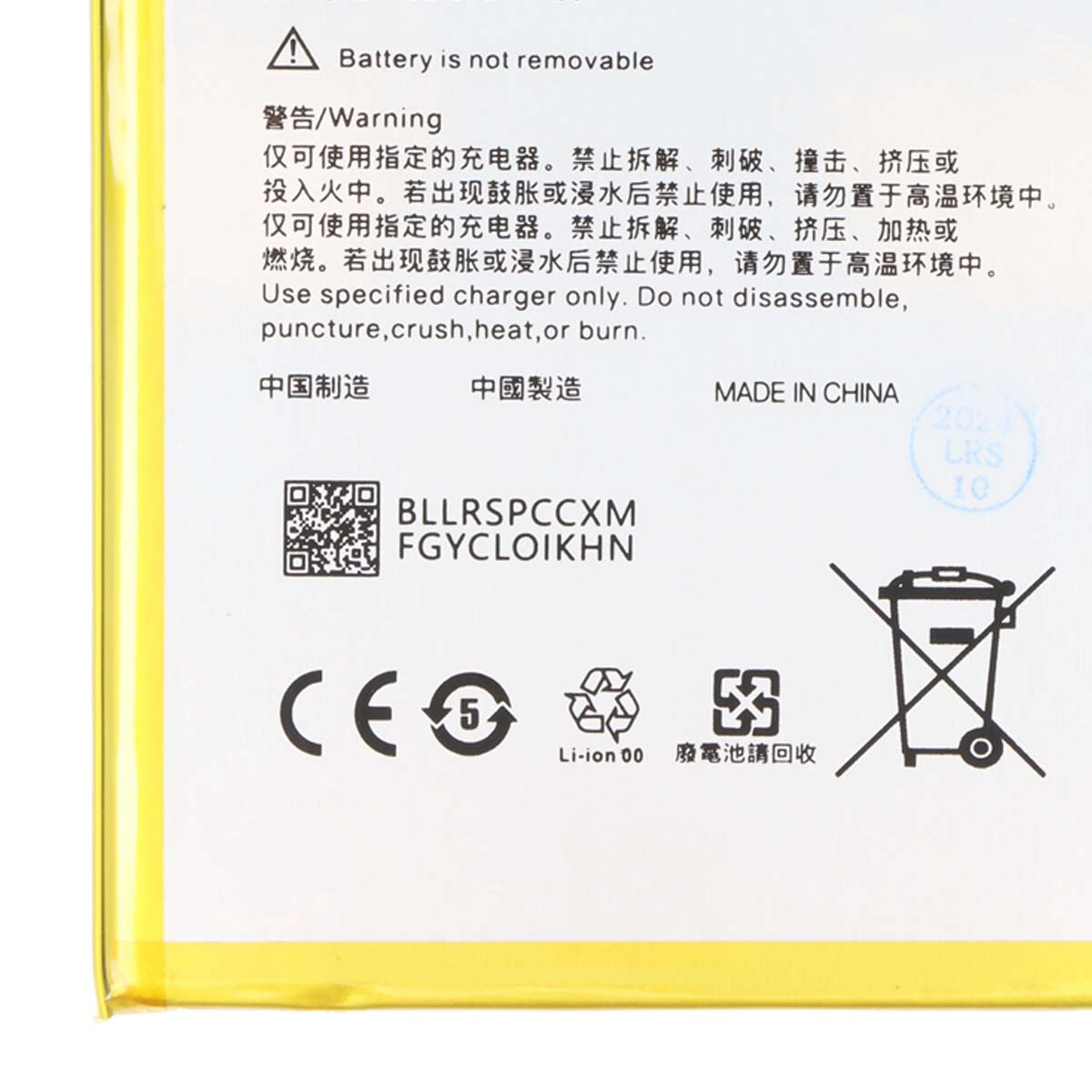 Batteria non rimovibile. Con ce, 5, Li-ion 00, simbolo riciclo.