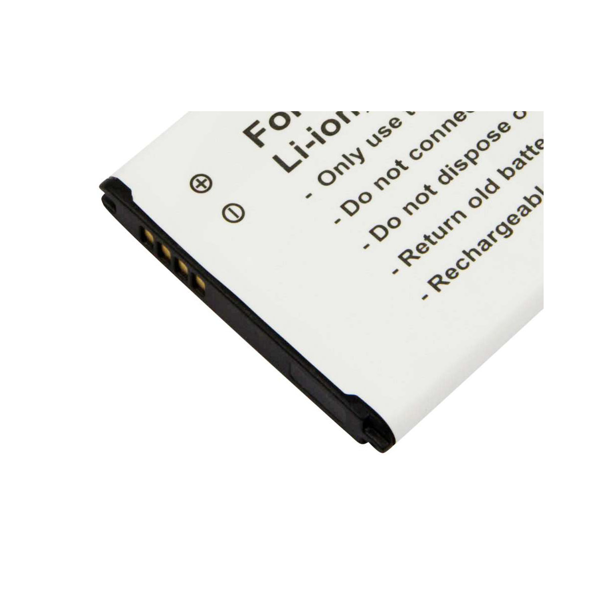Batteria Li-ion bianca con avvisi testuali e contatti sul lato.