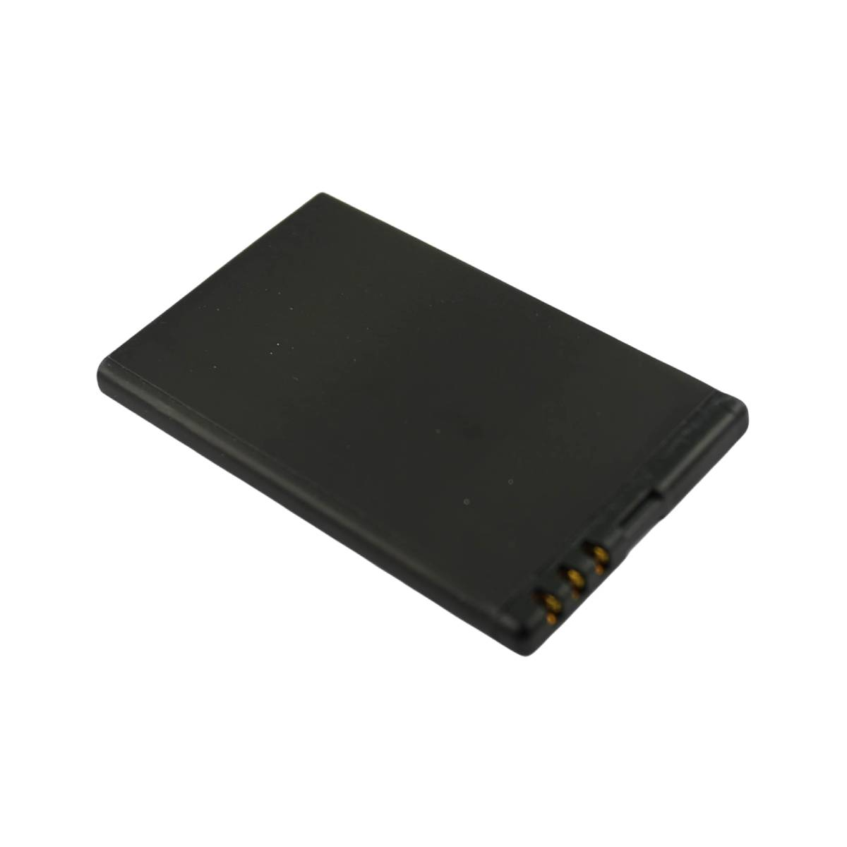 Batteria nera con contatti dorati su sfondo bianco.