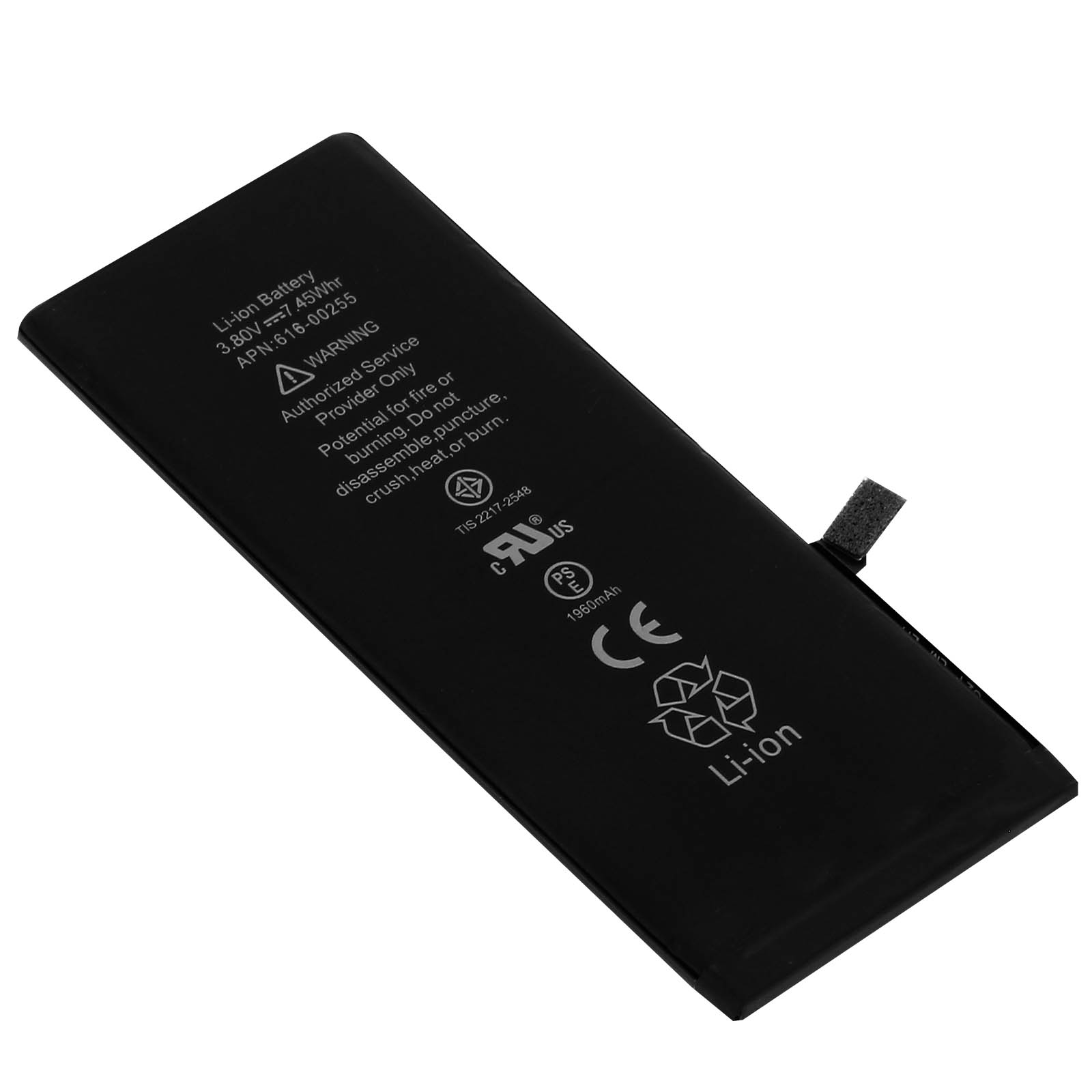 Batteria nera Li-ion con avvertenze e capacità di 1960mAh.