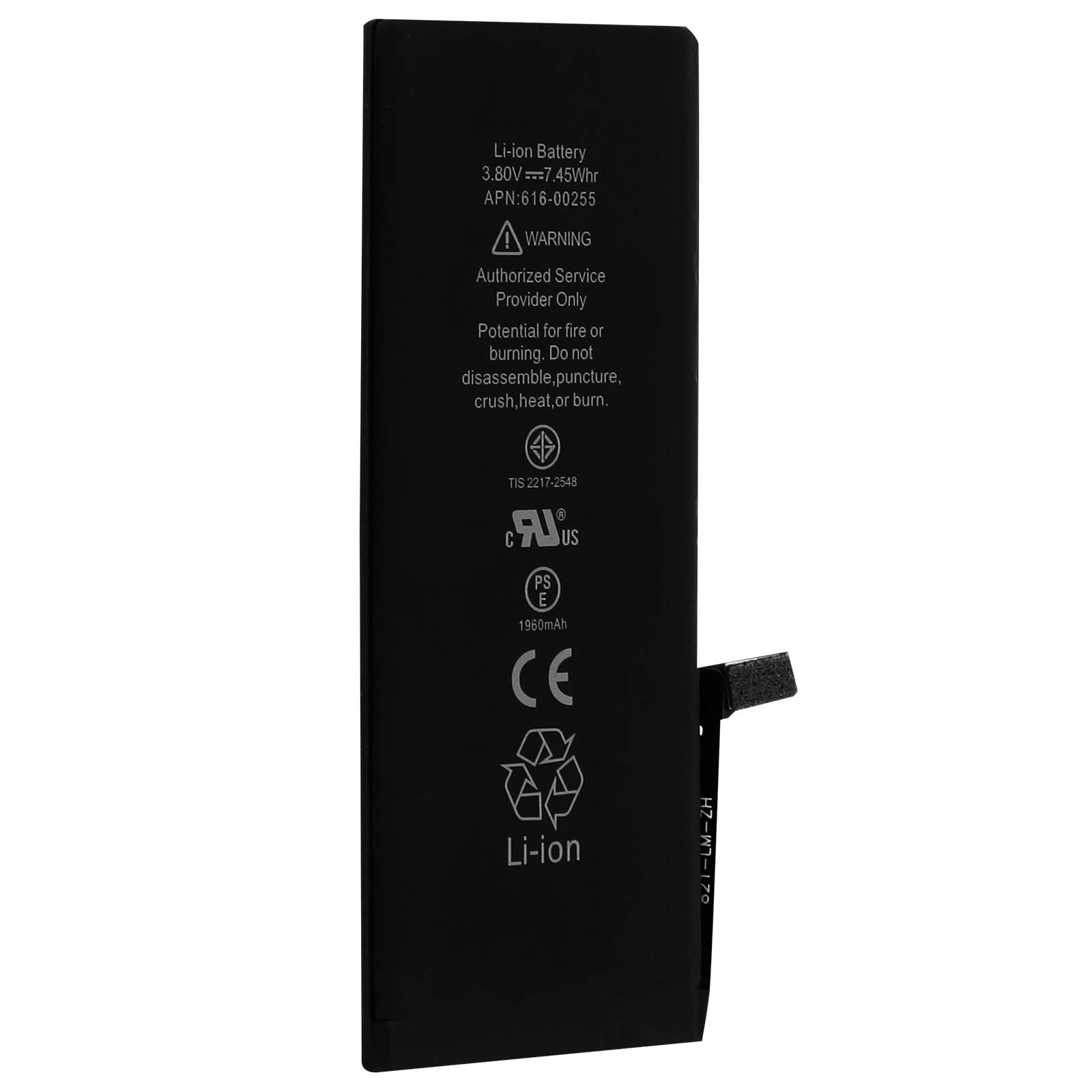 Batteria nera Li-ion con testo: Avviso, marchio CE, 1960mAh.