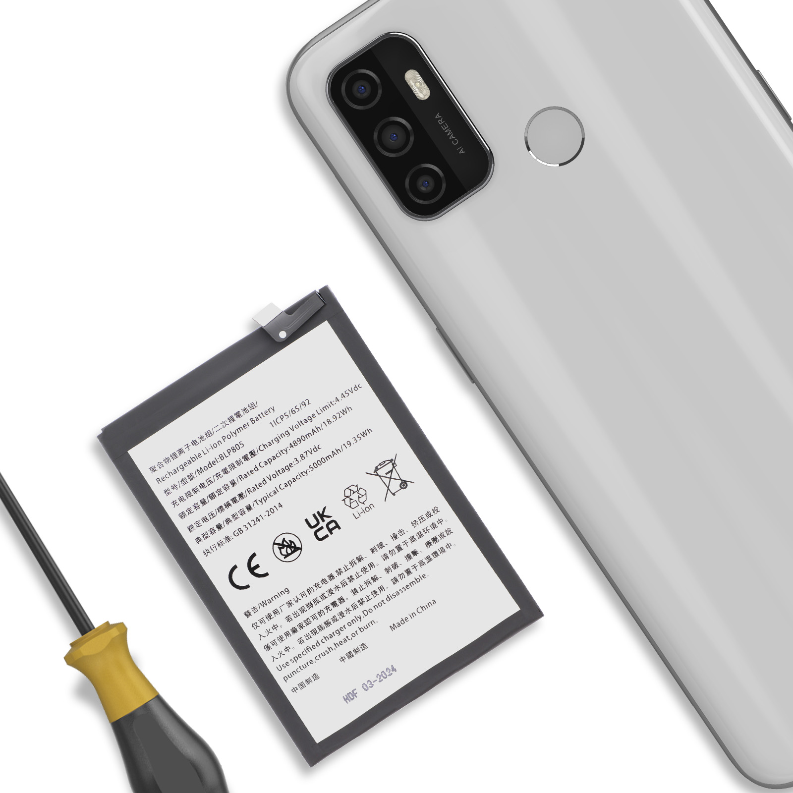 Smartphone con batteria e cacciavite, primo piano.