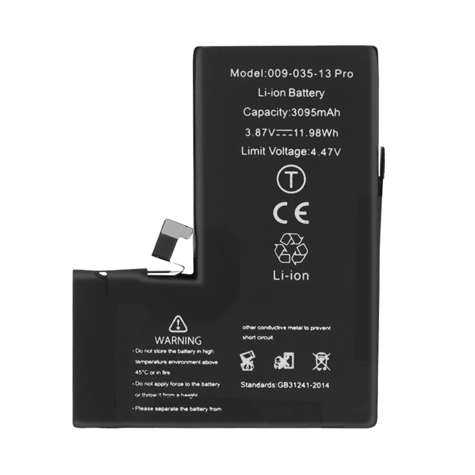 Schwarzer Li-Ion-Akkupack, Modell 009-035-13 Pro, 3095mAh, mit Warnsymbolen.