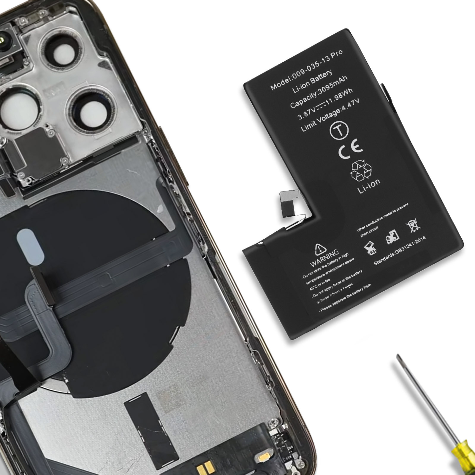 Ein zerlegtes Smartphone mit entfernter Batterie und Werkzeug.