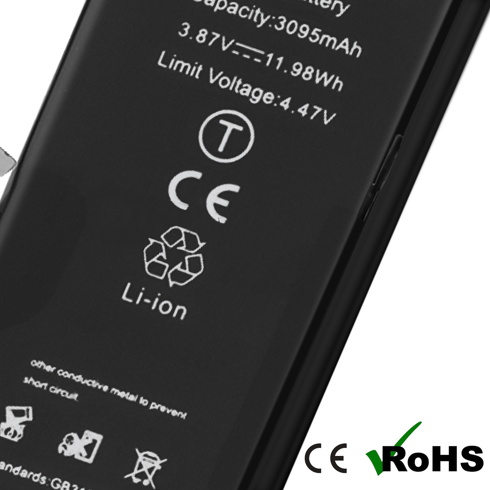 Schwarzer Akku mit Spezifikationen: 3095mAh, 3.87V, 11.98Wh, 4.47V Limit.