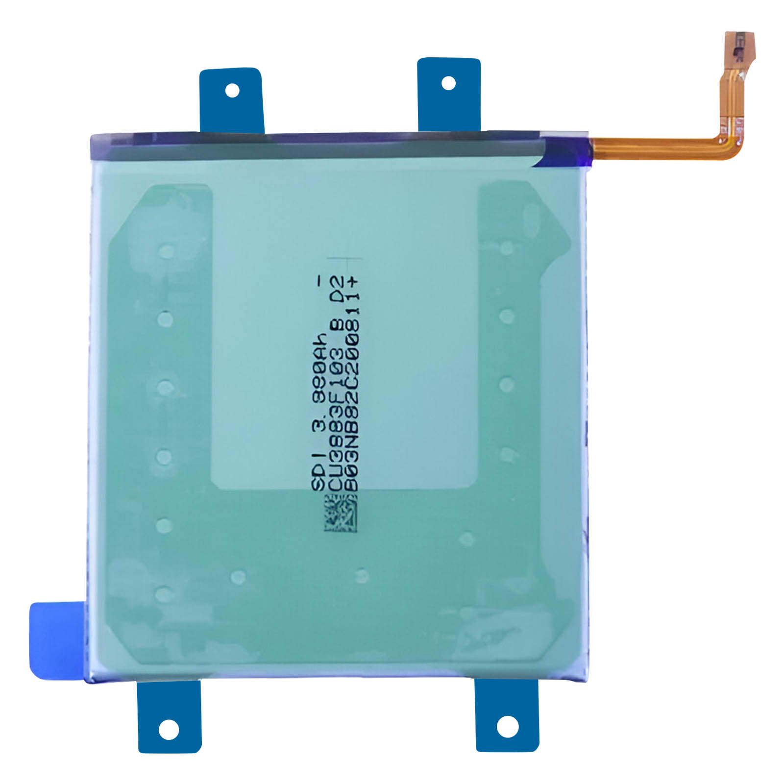Un pacco batteria piatto, quadrato e verde con linguette blu e un sottile cavo arancione.