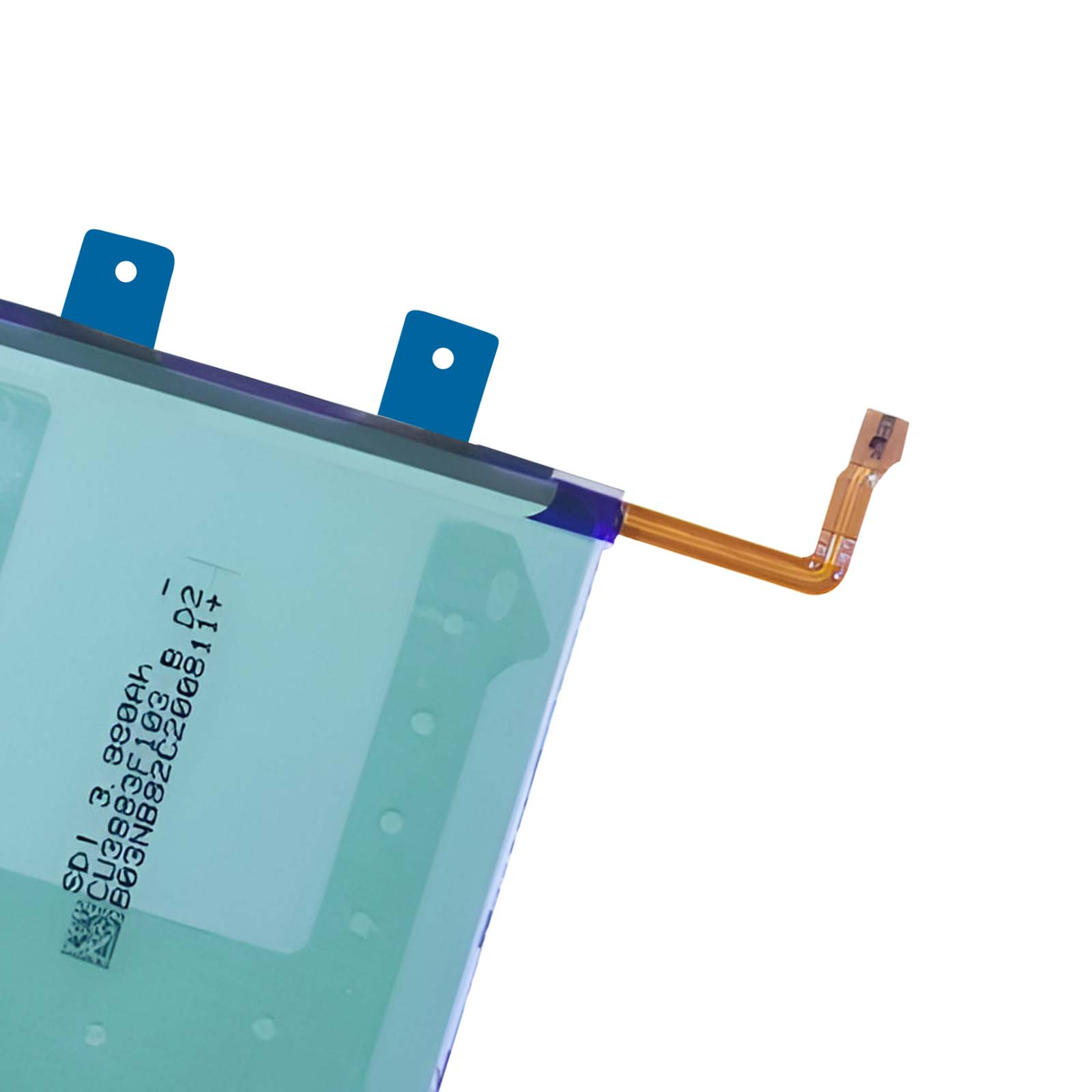 Una batteria al litio con connettori ed etichette, su sfondo bianco.