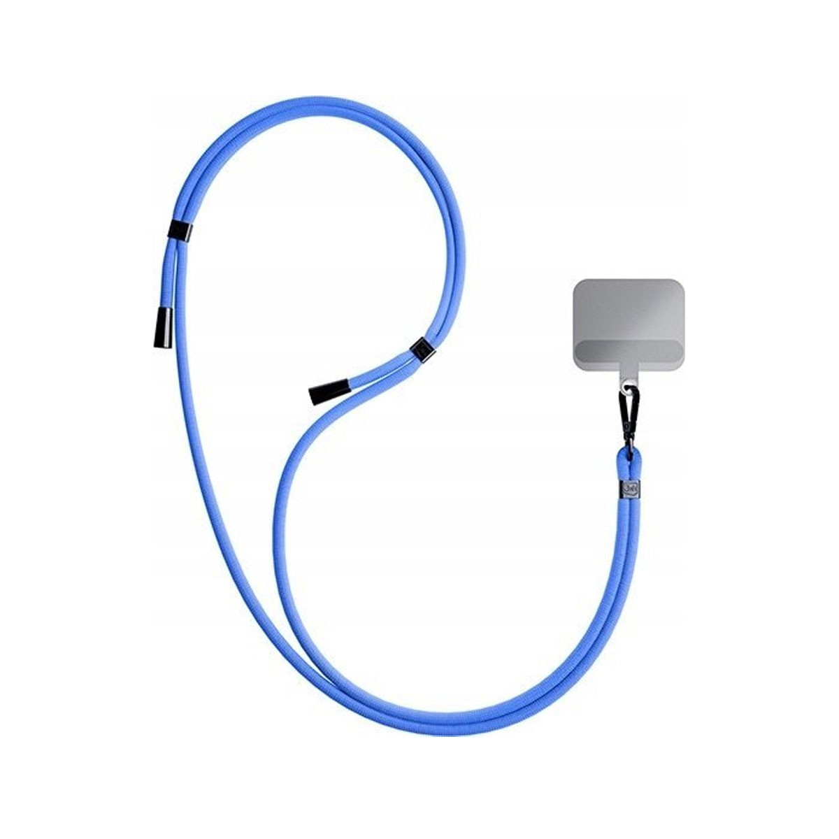 Laccetto blu per telefono con adattatore porta di ricarica e clip nera.