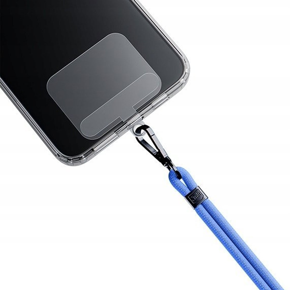 Un cordino blu è attaccato a una custodia trasparente per telefono.
