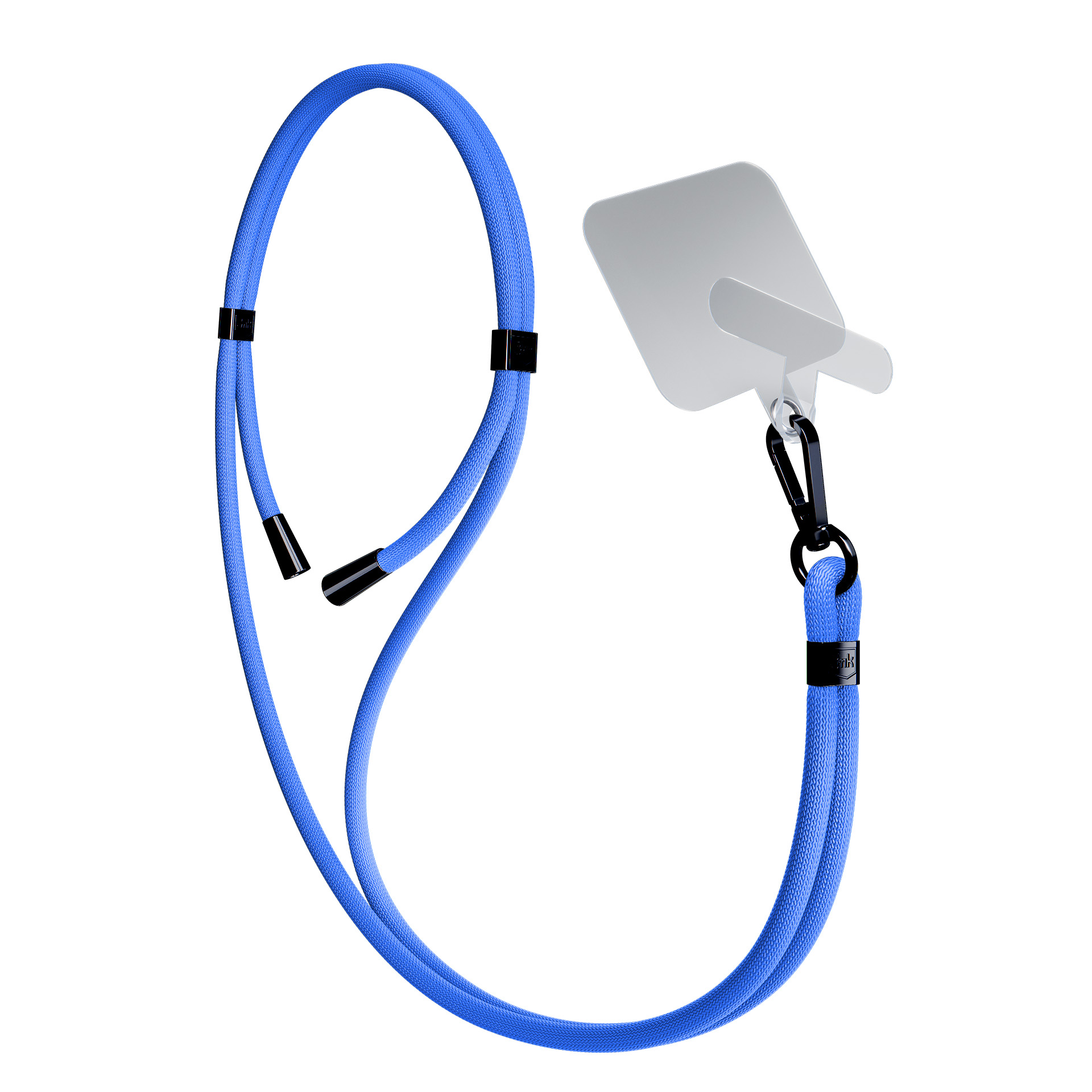 Laccio blu con moschettone nero e porta telefono.